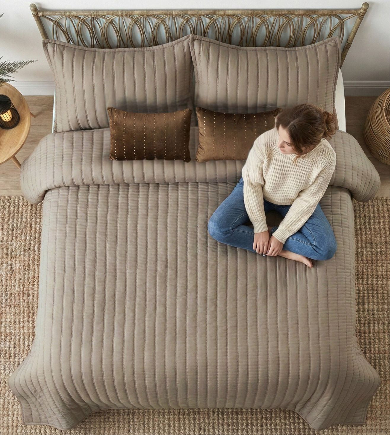 Luna 5-Piece Quilted & Embroidered Bedcover Ensemble - Sand