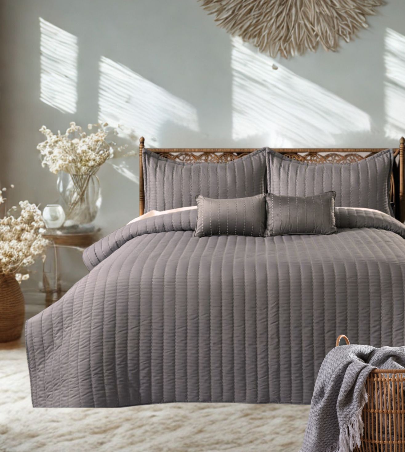 Luna 5-Piece Quilted & Embroidered Bedcover Ensemble - Amethyst Smoke