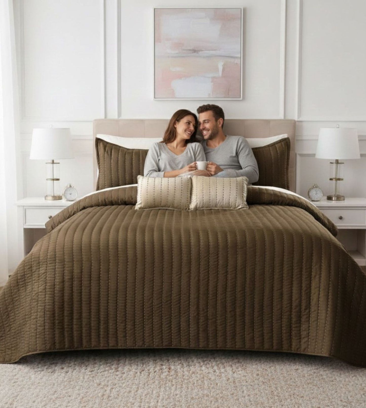 Luna 5-Piece Quilted & Embroidered Bedcover Ensemble - Chocolate Brown