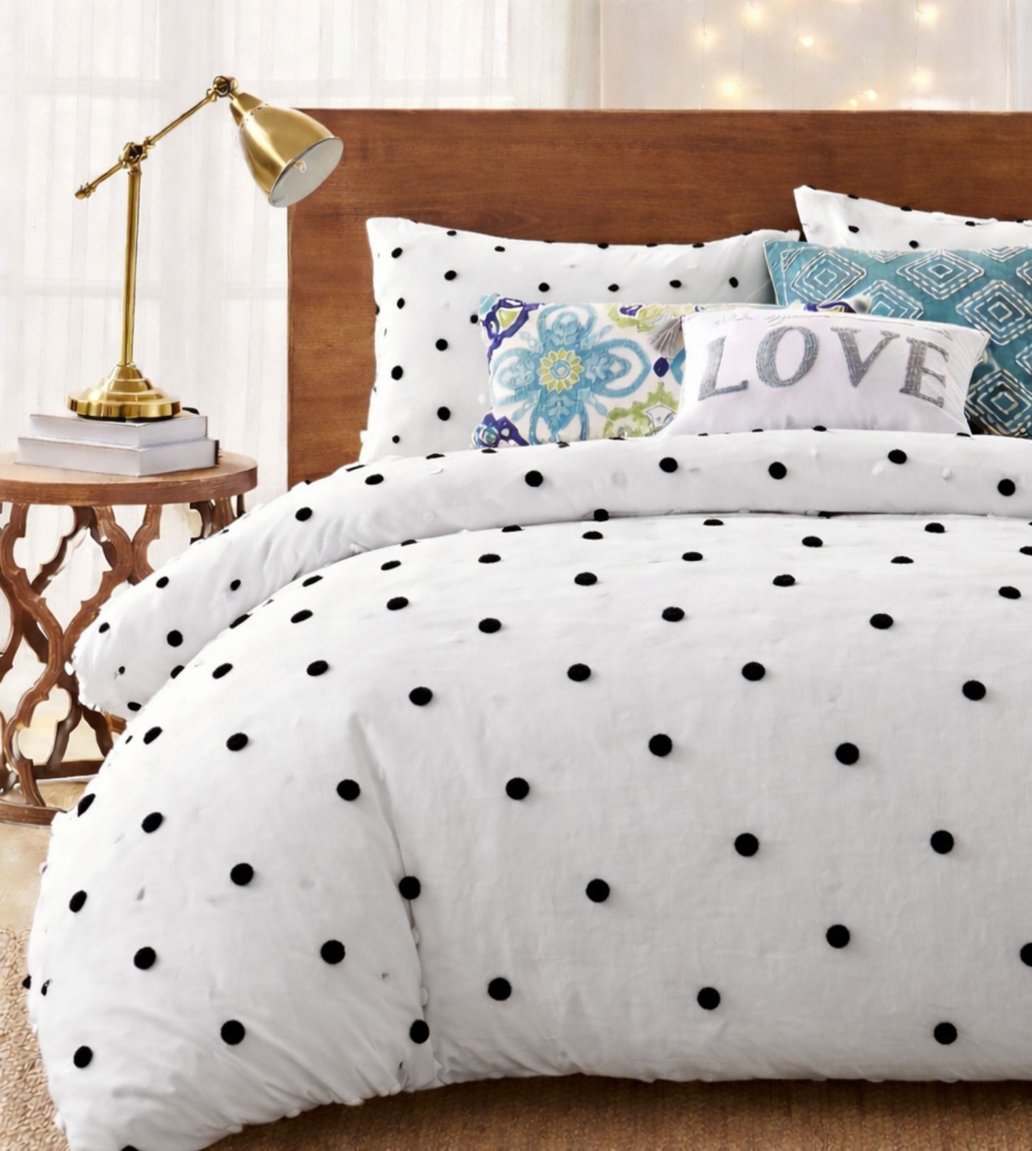Privee Hand-Crafted Pom Pom Comforter Set (400Tc Satin) - White & Black