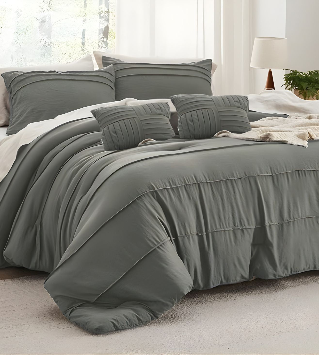 Elysium 5-Piece Hand-Pleated Comforter Ensemble (400Tc Satin) - Charcoal Gray
