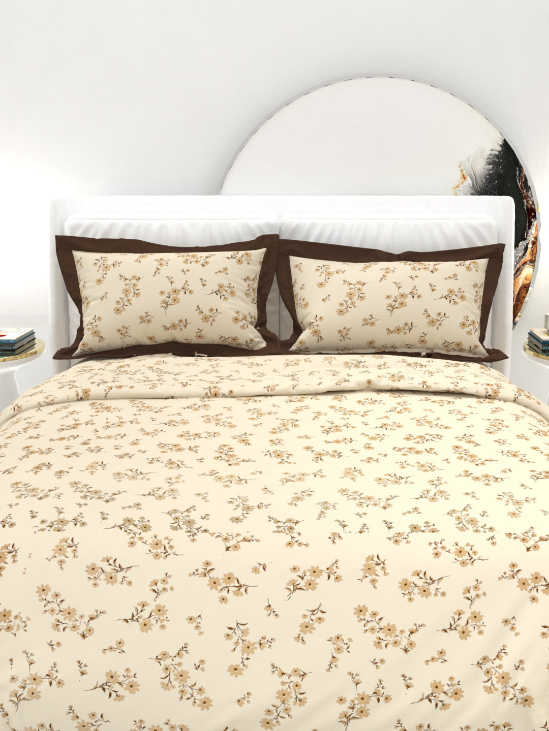 Carnation King Size Bedsheet Set with Contrast Border - Beige Brown