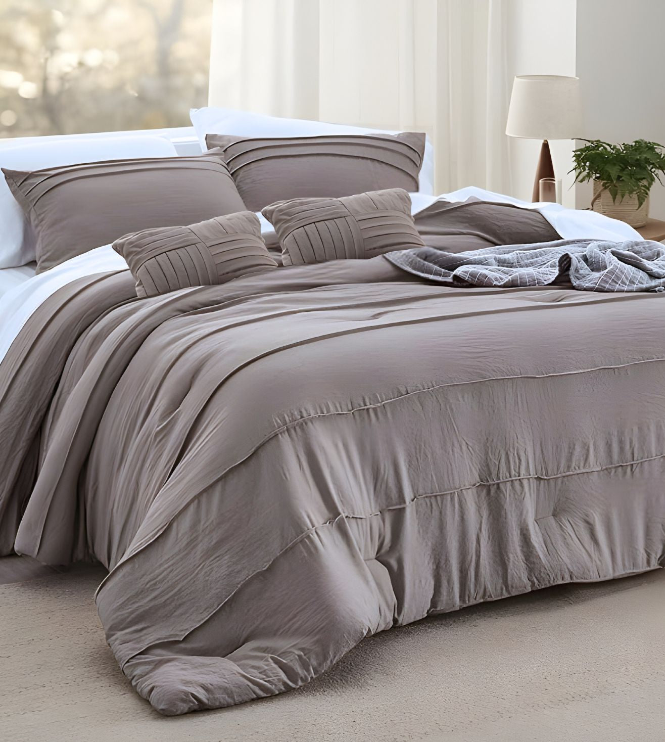 Elysium 5-Piece Hand-Pleated Comforter Ensemble (400Tc Satin) - Stone