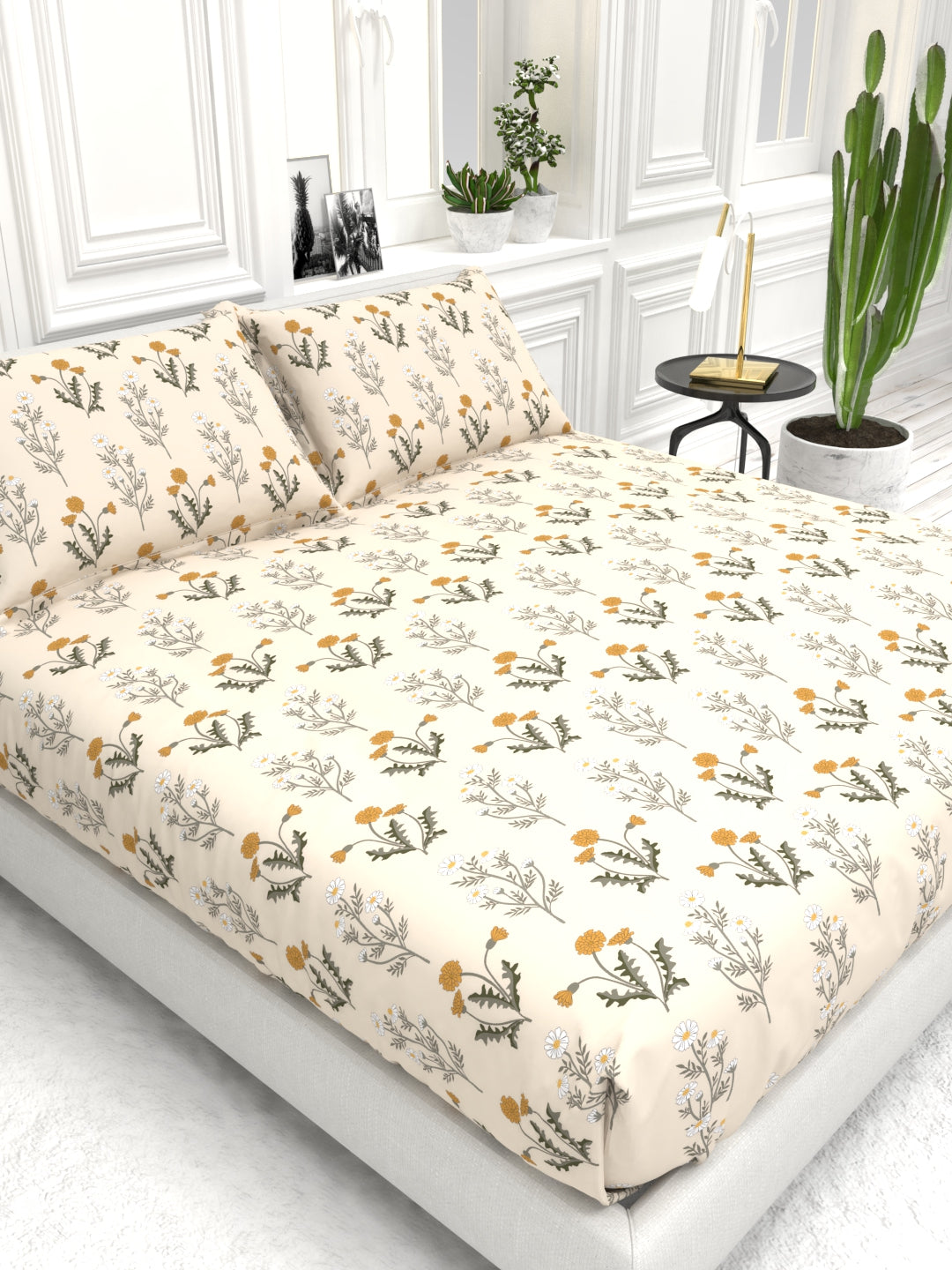 Cider Double Bed Micro-Cotton Sheet Set - Cream & Yellow