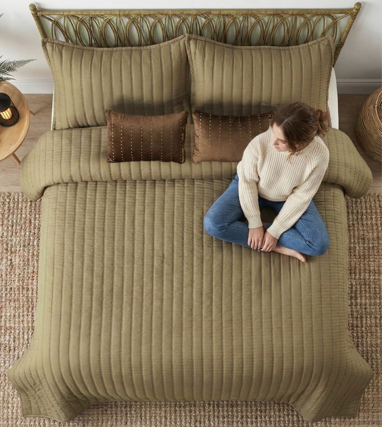 Luna 5-Piece Quilted & Embroidered Bedcover Ensemble - Olive