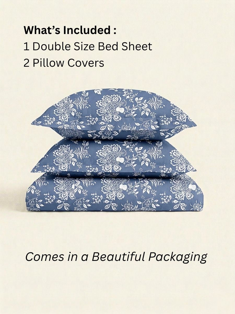 Blended Cotton Double Size Bedsheet with 2 Pillow Covers - Midnight Outline Blossom