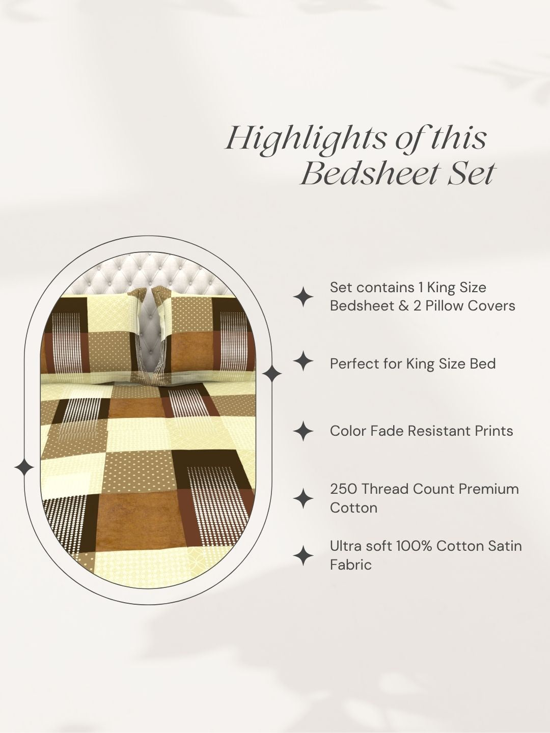 Bruno King Size Reactive Satin Bedsheet Set - Beige Brown