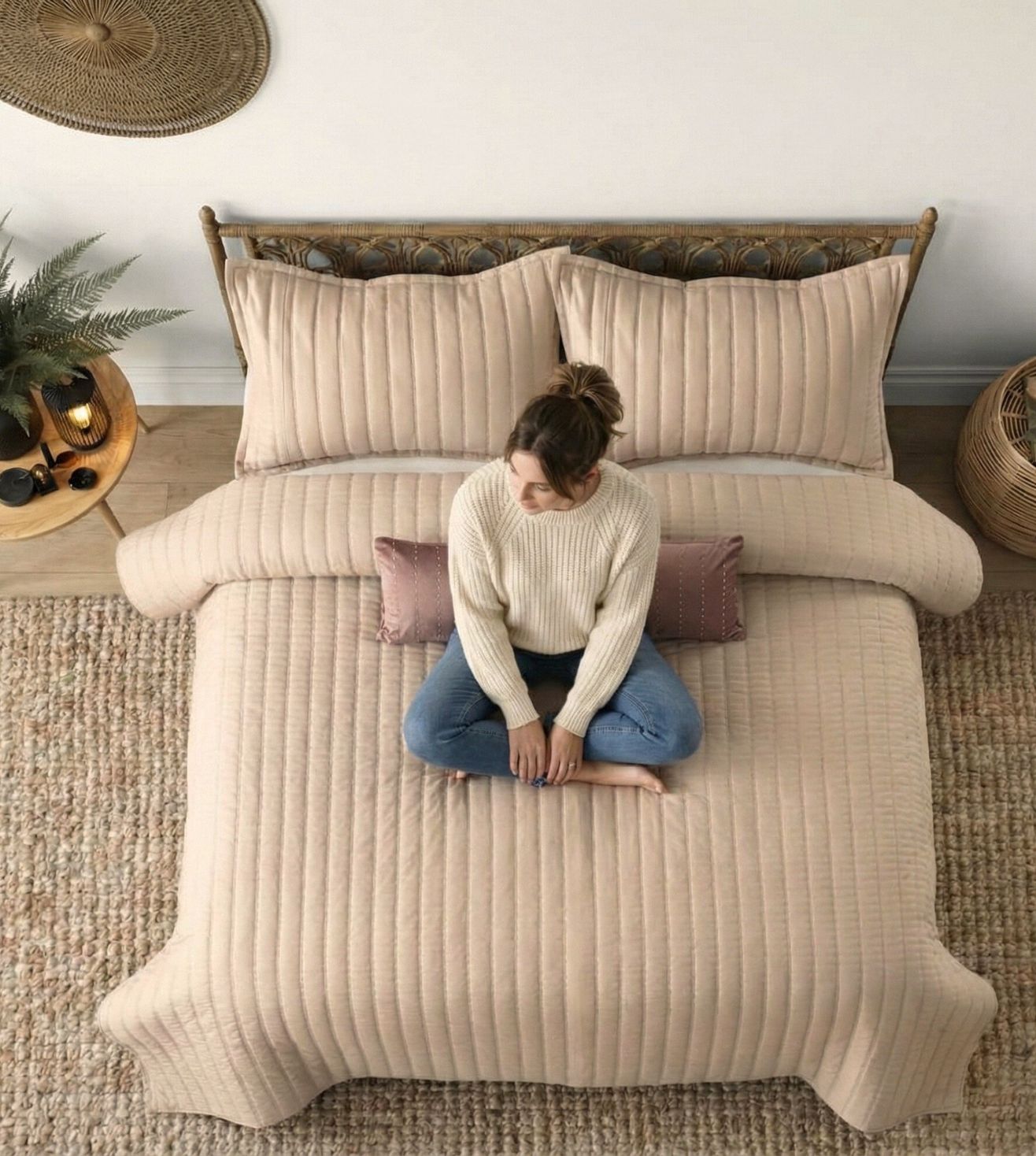 Luna 5-Piece Quilted & Embroidered Bedcover Ensemble -Peach Pink