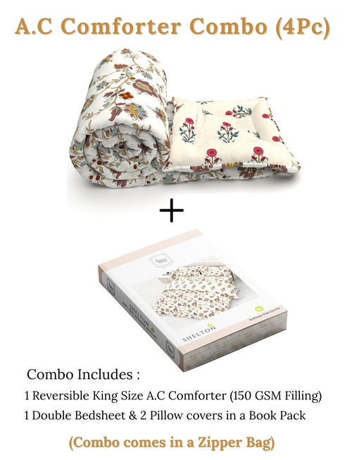 Shelton Reversible Double Bed Comforter and Bedsheet Combo-Soft Micro -Weave Fabric, All Season Use-Reusable Bag Pack- Complete Room Set