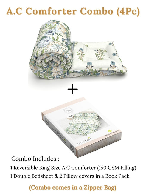 Shelton Reversible Double Bed Comforter and Bedsheet Combo-Soft Micro -Weave Fabric, All Season Use-Reusable Bag Pack- Complete Room Set