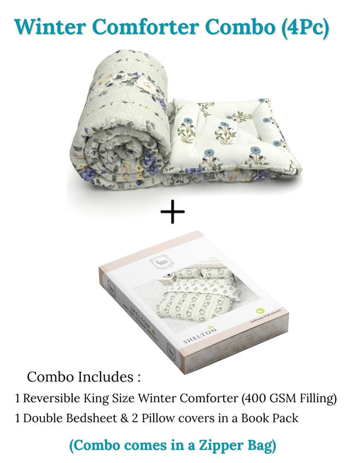 Shelton Reversible Super Winter Comforter and Bedsheet Combo-Soft Micro -Weave Fabric, Winter Season Use-Reusable Bag Pack- Complete Room Set