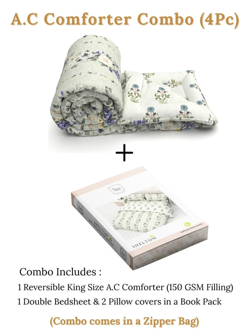 Shelton Reversible Double Bed Comforter and Bedsheet Combo-Soft Micro -Weave Fabric, All Season Use-Reusable Bag Pack- Complete Room Set