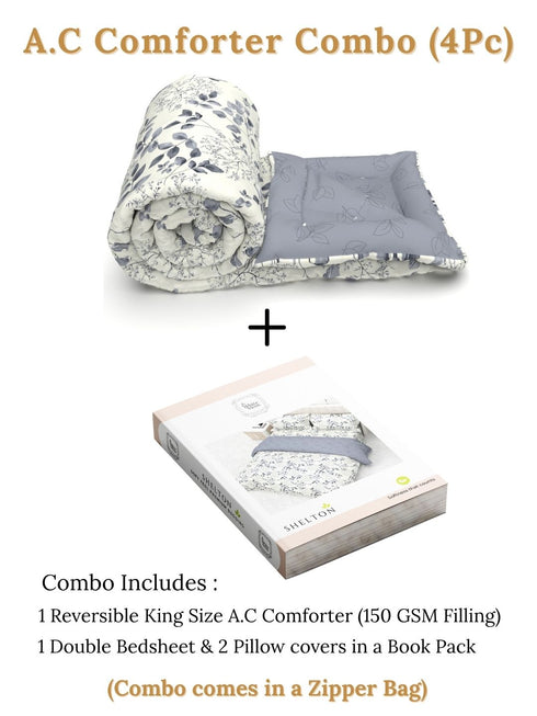 Shelton Reversible Double Bed Comforter and Bedsheet Combo-Soft Micro -Weave Fabric, All Season Use-Reusable Bag Pack- Complete Room Set