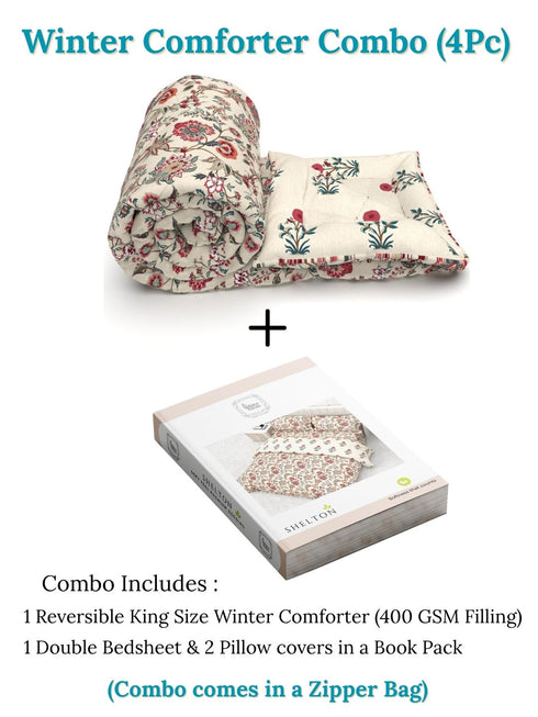 Shelton Reversible Super Winter Comforter and Bedsheet Combo-Soft Micro -Weave Fabric, Winter Season Use-Reusable Bag Pack- Complete Room Set