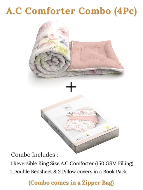 Shelton Reversible Double Bed Comforter and Bedsheet Combo-Soft Micro -Weave Fabric, All Season Use-Reusable Bag Pack- Complete Room Set