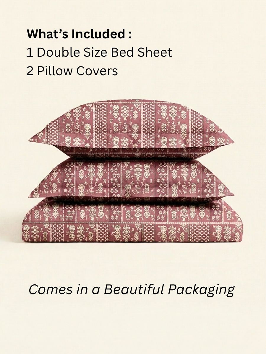 Blended Cotton Double Size Bedsheet with 2 Pillow Covers - Mughal Stripe Motif