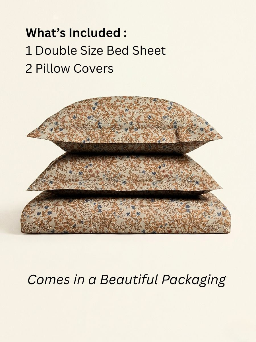 Blended Cotton Double Size Bedsheet with 2 Pillow Covers - Sand Woven Botanical