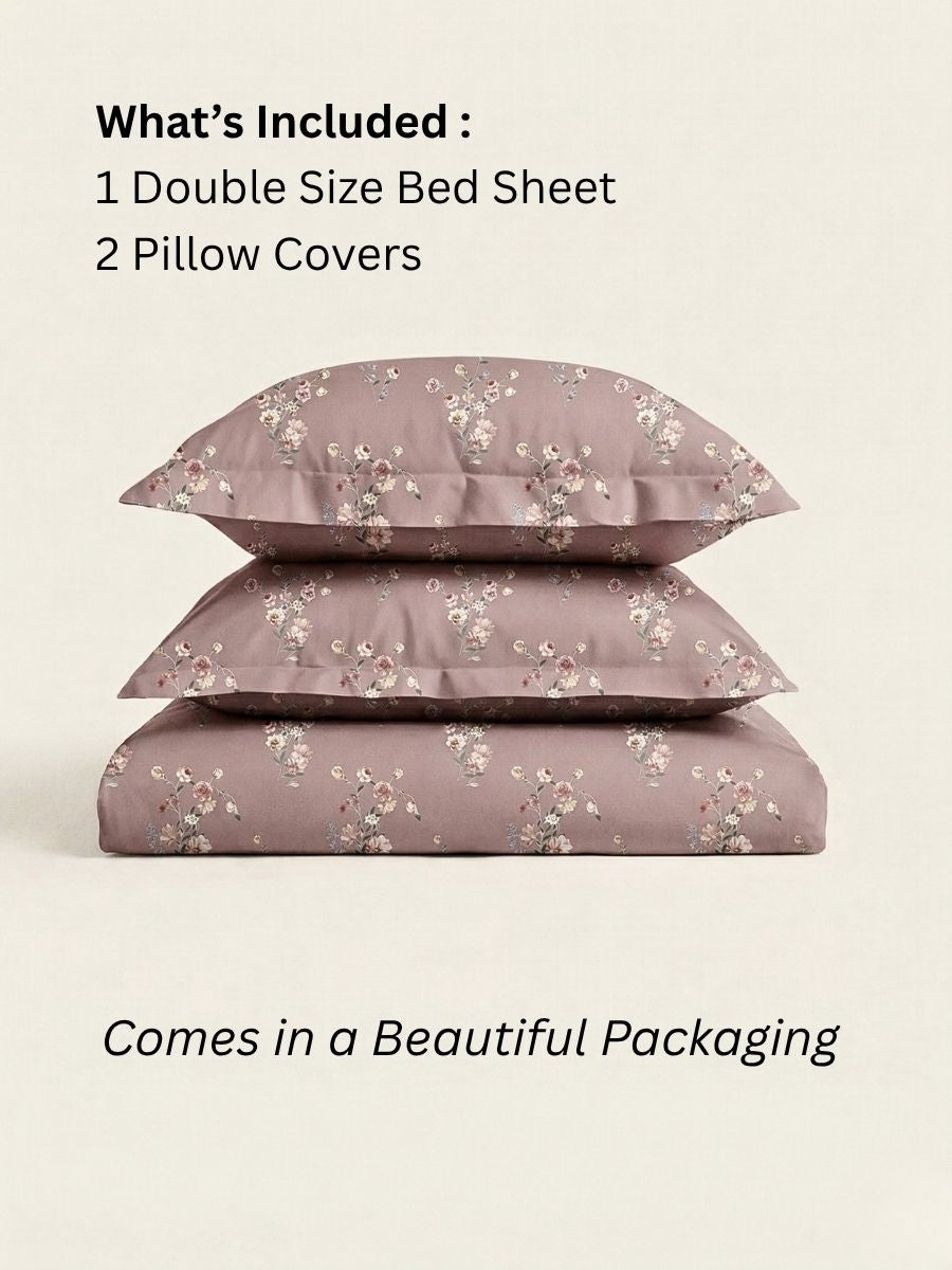 Blended Cotton Double Size Bedsheet with 2 Pillow Covers - Blush Rose Meadow