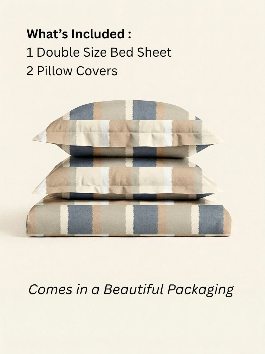 Blended Cotton Double Size Bedsheet with 2 Pillow Covers - Dune and Blue Colour-block