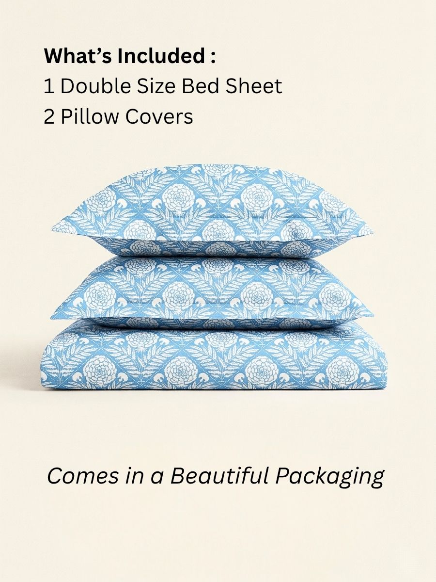 Blended Cotton Double Size Bedsheet with 2 Pillow Covers - Heritage Marigold Block