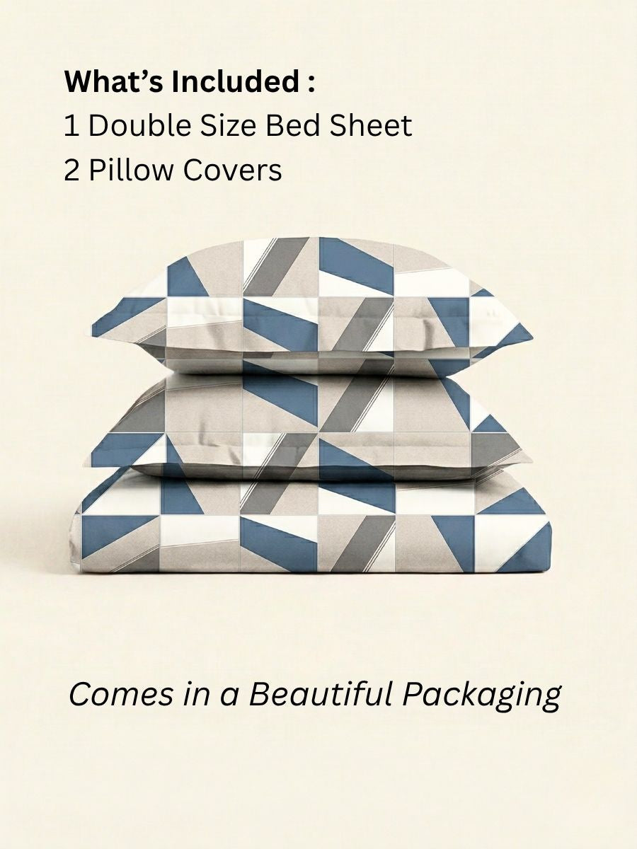 Blended Cotton Double Size Bedsheet with 2 Pillow Covers - Geometric Grid