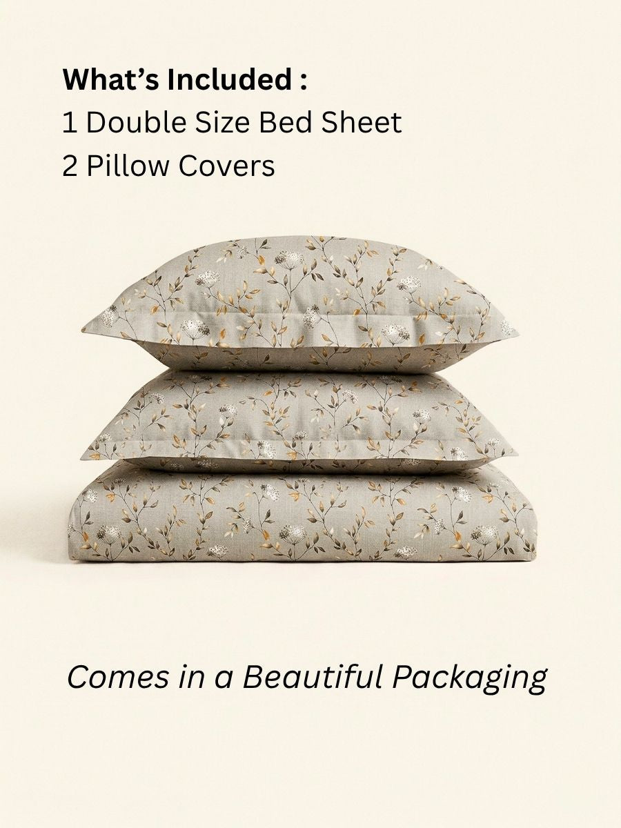 Blended Cotton Double Size Bedsheet with 2 Pillow Covers - Wildflower Veil