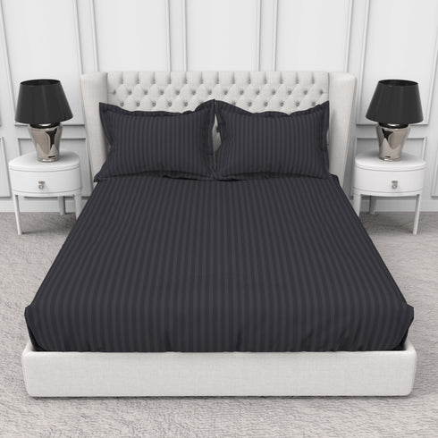 Blanc 100% Cotton Self Striped Satin 210 TC Fitted sheet with 2 pillow covers