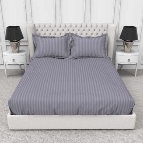 Blanc 100% Cotton Self Striped Satin 210 TC Fitted sheet with 2 pillow covers