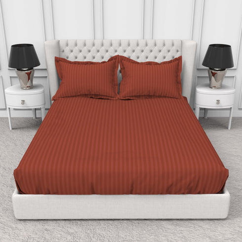 Blanc 100% Cotton Self Striped Satin 210 TC Fitted sheet with 2 pillow covers