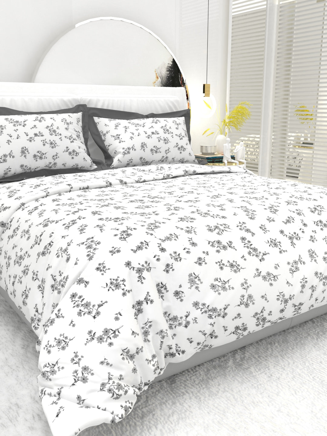 Carnation King Size Bedsheet Set with Contrast Border - White & Gray