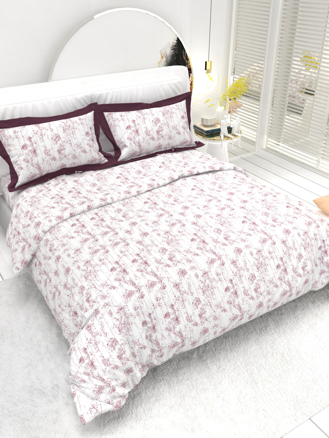 Carnation King Size Bedsheet Set with Contrast Border - White & Dark Pink