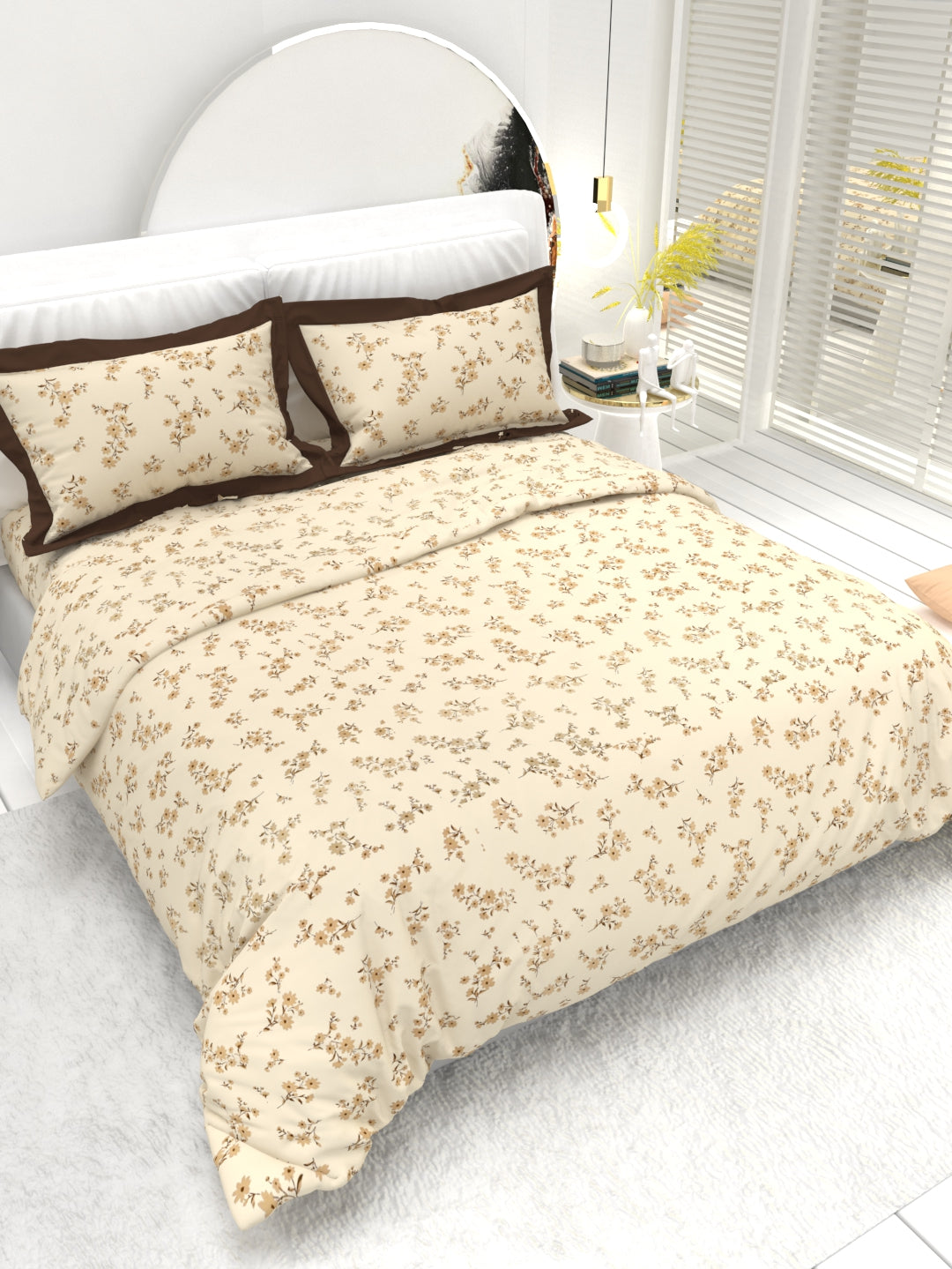 Carnation King Size Bedsheet Set with Contrast Border - Beige Brown