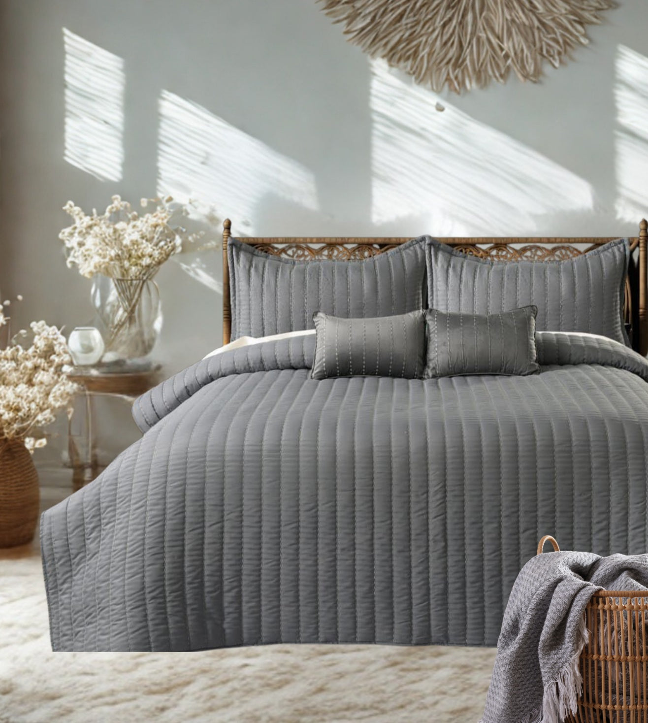 Luna 5-Piece Quilted & Embroidered Bedcover Ensemble - Grey