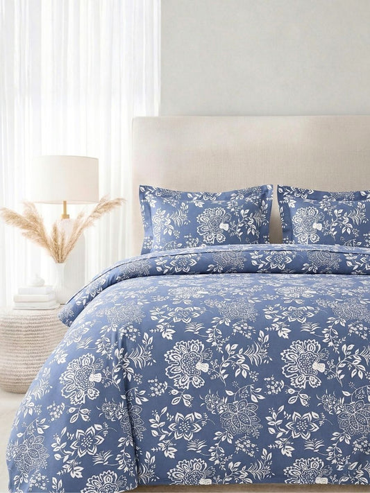Blended Cotton Double Size Bedsheet with 2 Pillow Covers - Midnight Outline Blossom