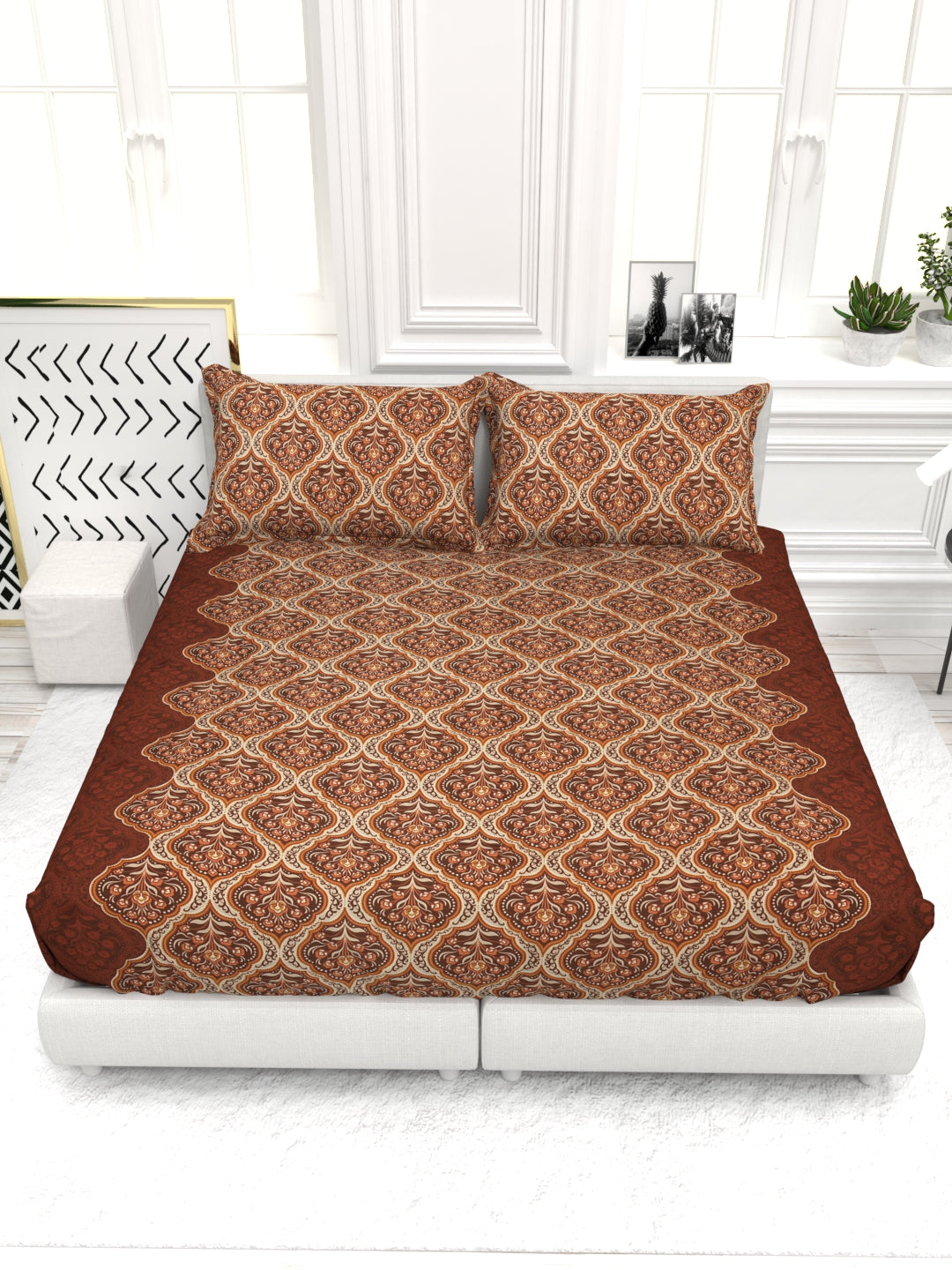 Bruno King Size Reactive Satin Bedsheet Set - Mahogany