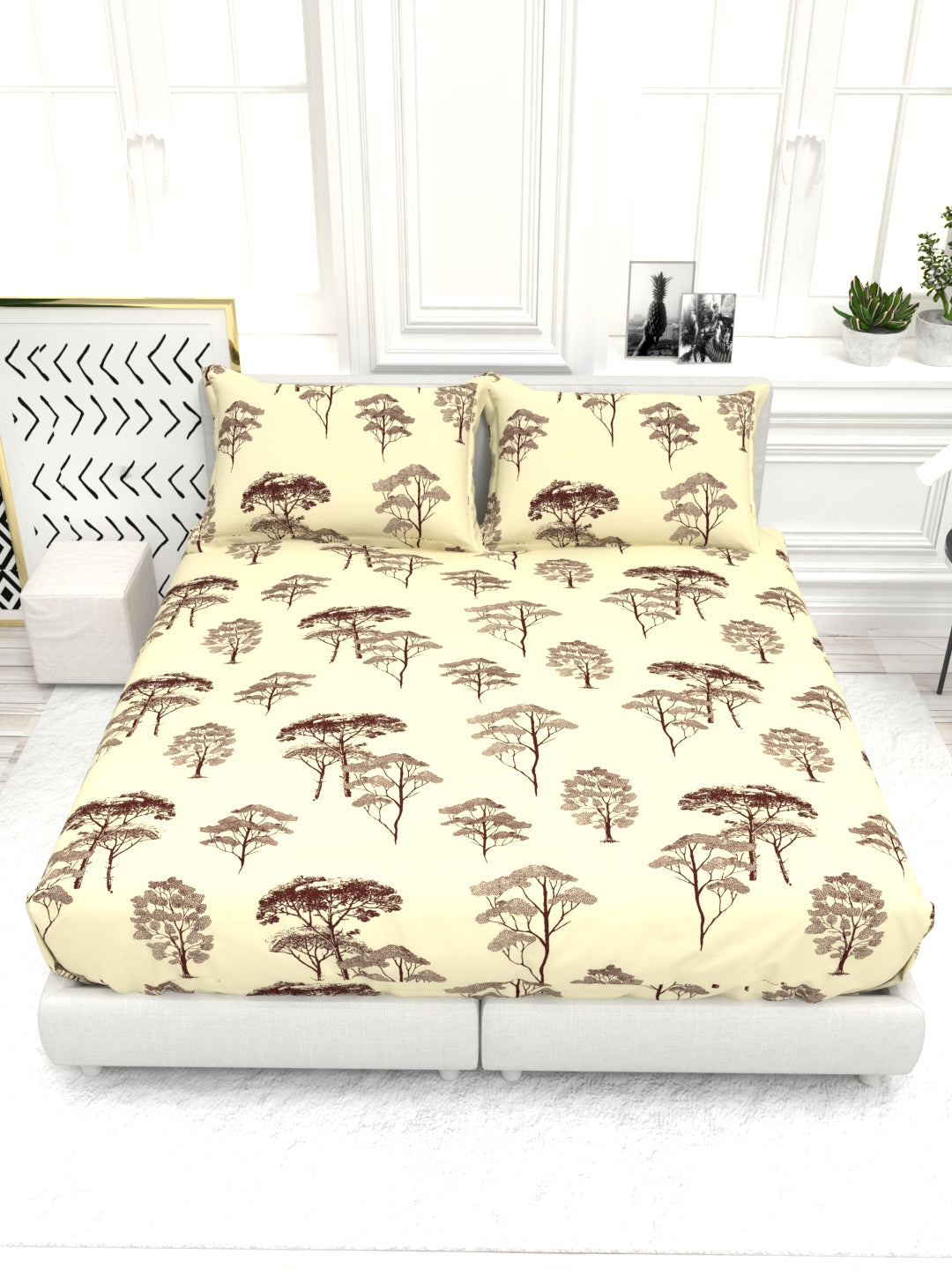 Bruno King Size Reactive Satin Bedsheet Set - Yellow Cream