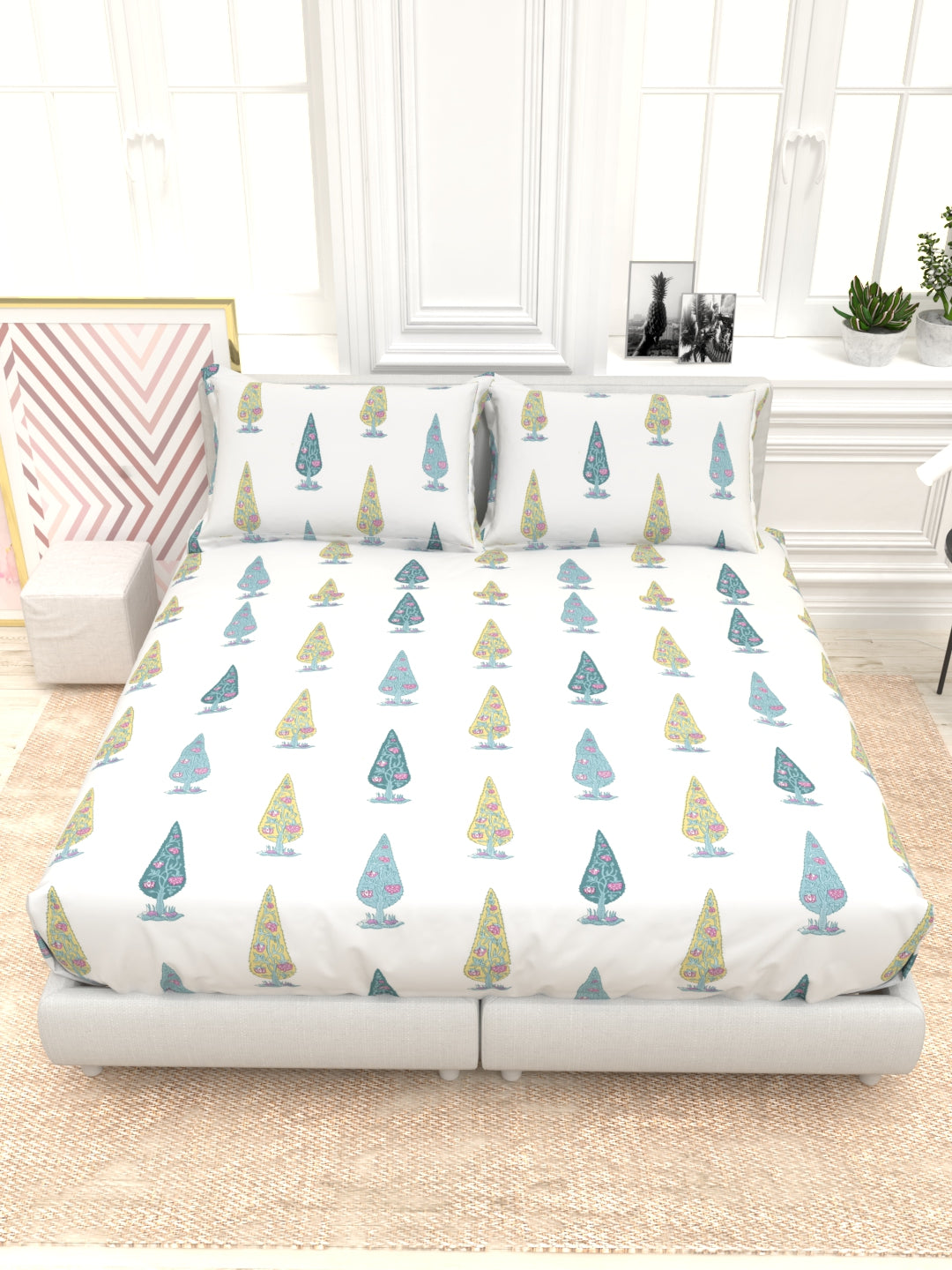 Orchid King Size Percale Bedsheet Set - White & Blue
