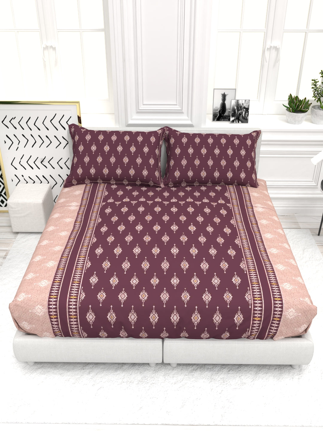 Bruno King Size Reactive Satin Bedsheet Set - Wine