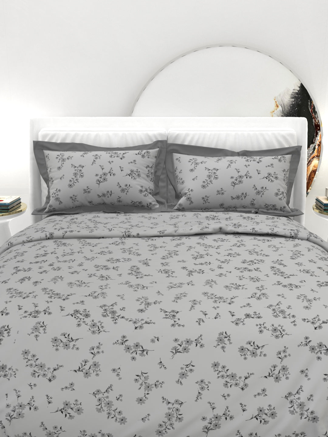 Carnation King Size Bedsheet Set with Contrast Border - Gray