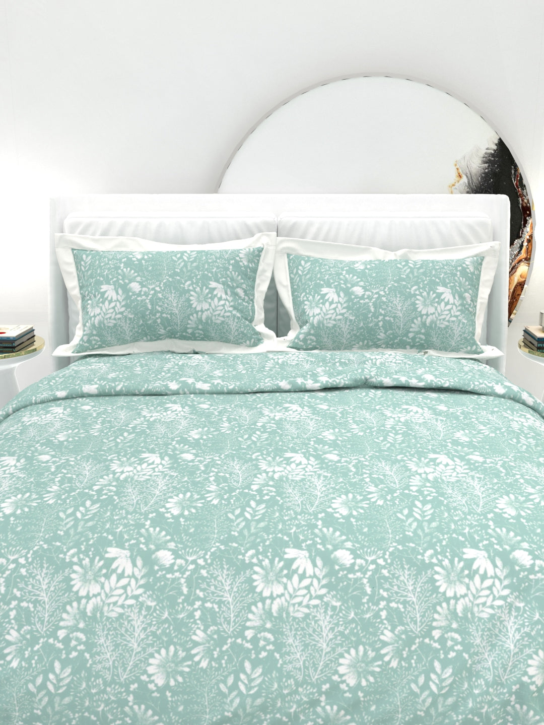 Carnation King Size Bedsheet Set with Contrast Border - Cyan