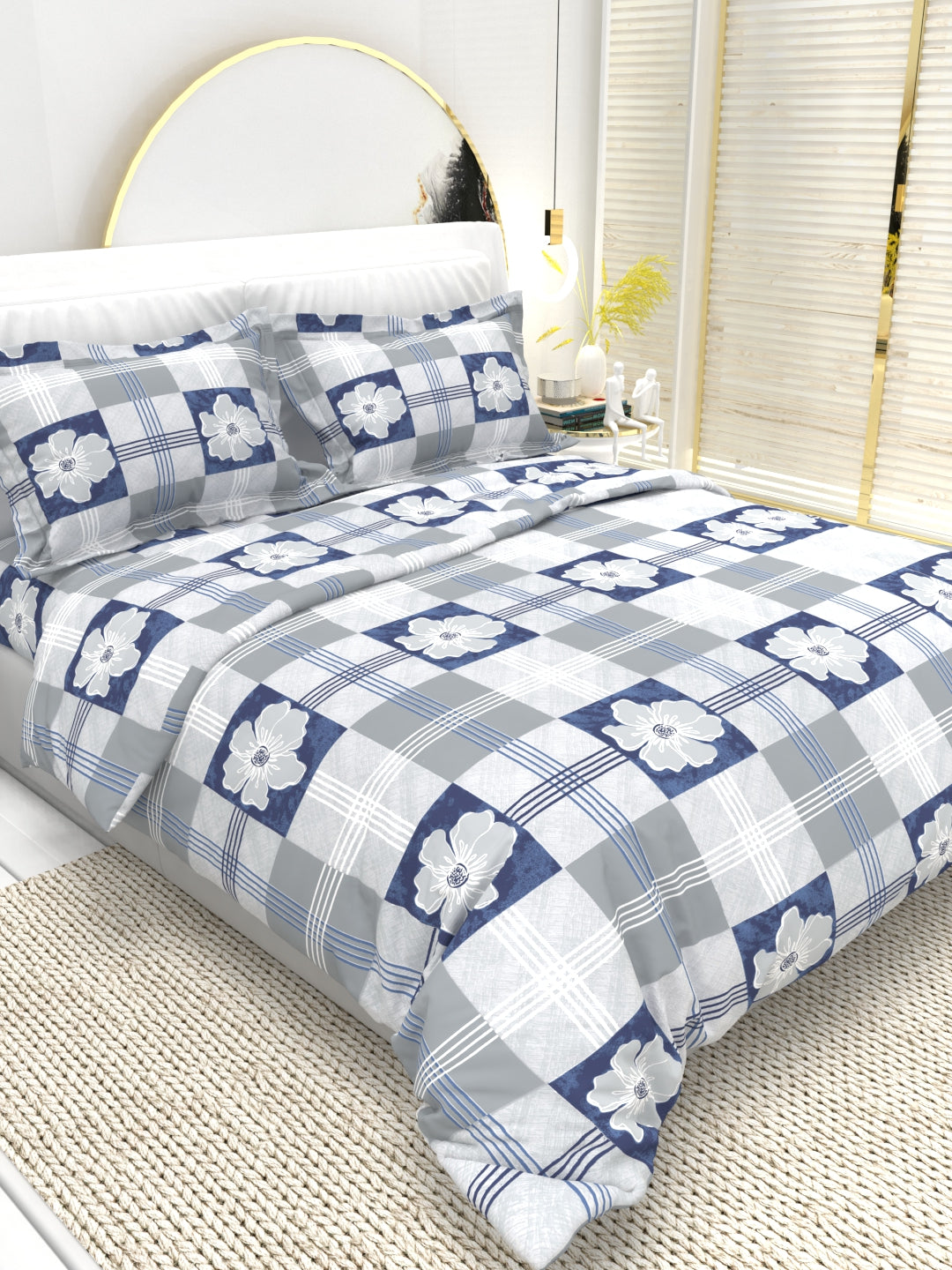 Clay Double Bed Pure Cotton Sheet Set - White & Blue