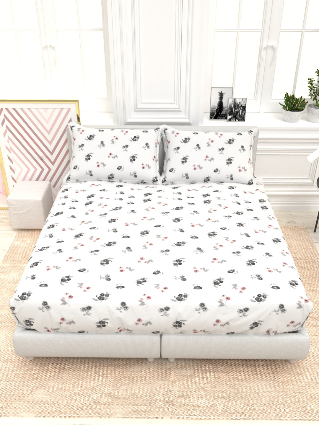 Orchid King Size Percale Bedsheet Set - White & Gray