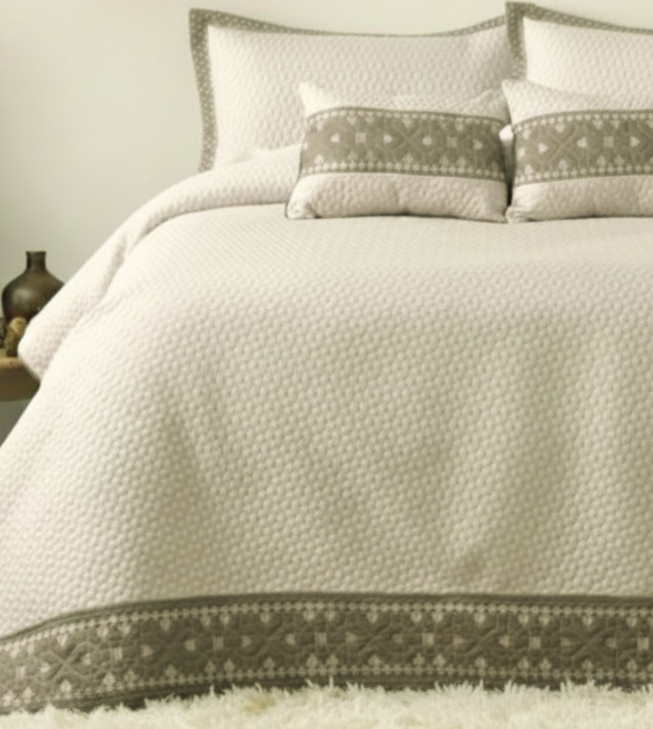 Noir 5-Piece Quilted & Embroidered Bedcover Ensemble - Beige