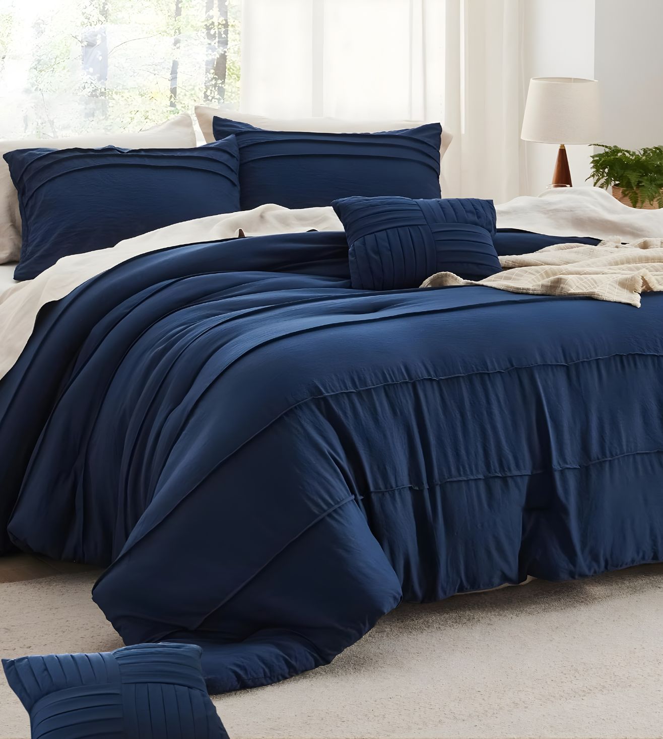 Elysium 5-Piece Hand-Pleated Comforter Ensemble (400Tc Satin) - Navy Blue