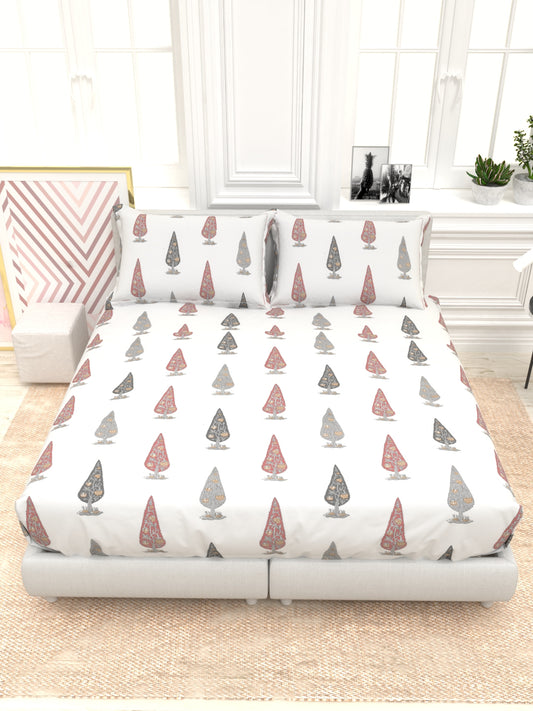 Orchid King Size Percale Bedsheet Set - Wjite & Pink