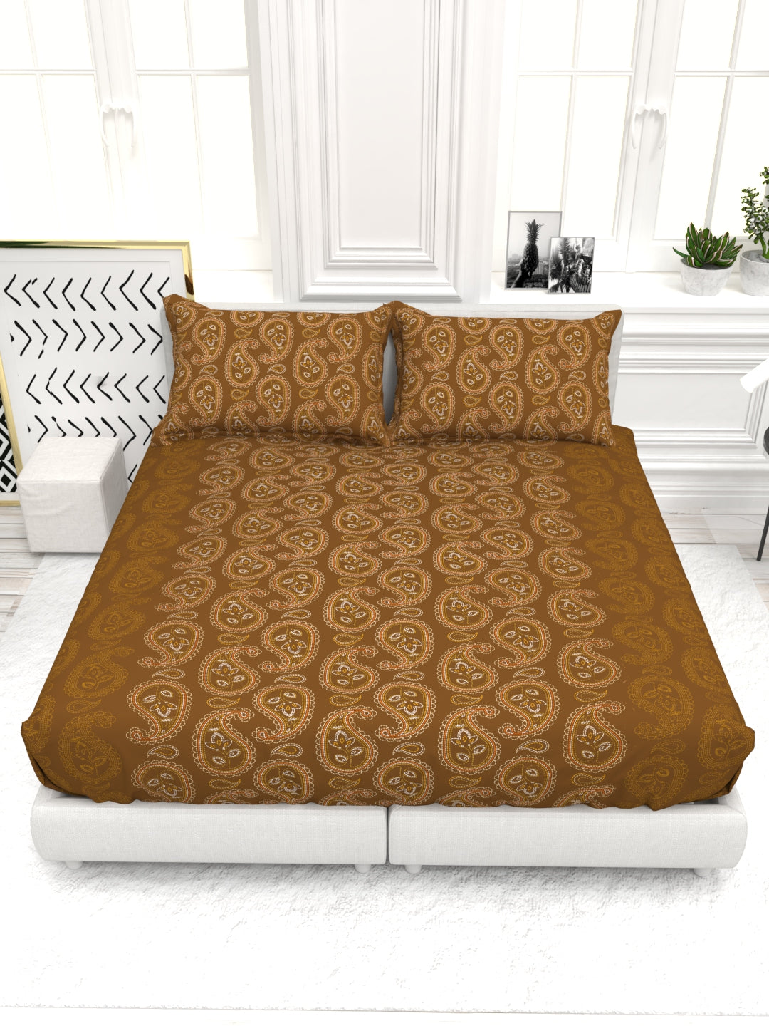 Bruno King Size Reactive Satin Bedsheet Set - Copper Brown