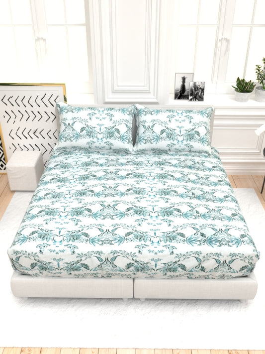Georgia Double Size Satin Twill Bedsheet Set - White & Cyan