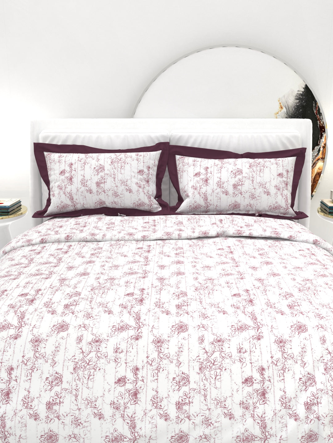 Carnation King Size Bedsheet Set with Contrast Border - White & Dark Pink