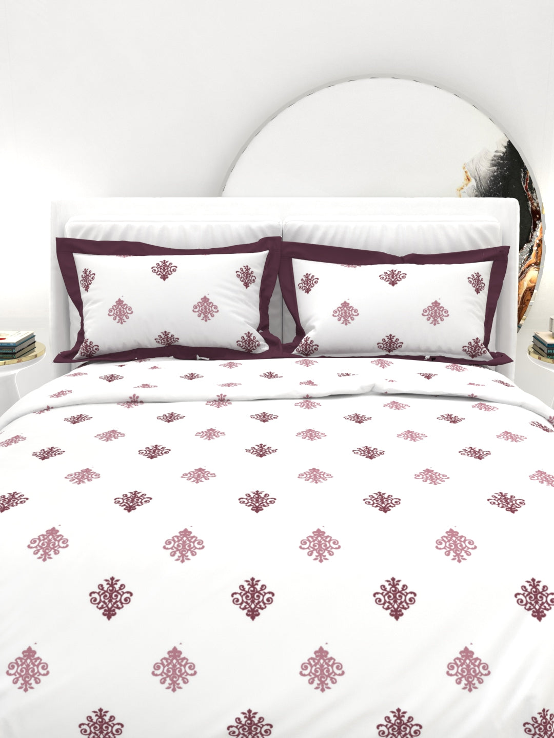Carnation King Size Bedsheet Set with Contrast Border - White & Wine