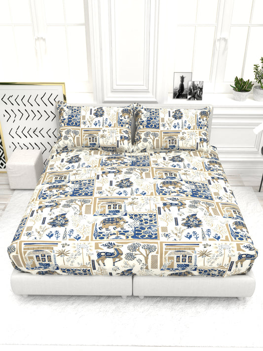 Bruno King Size Reactive Satin Bedsheet Set - Cream & Blue